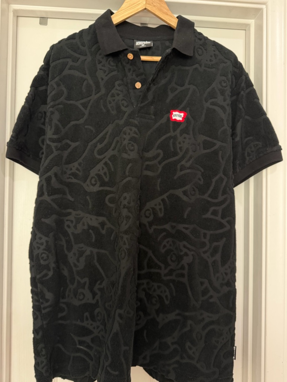 Icecream Black Textured Polo with Red Patch